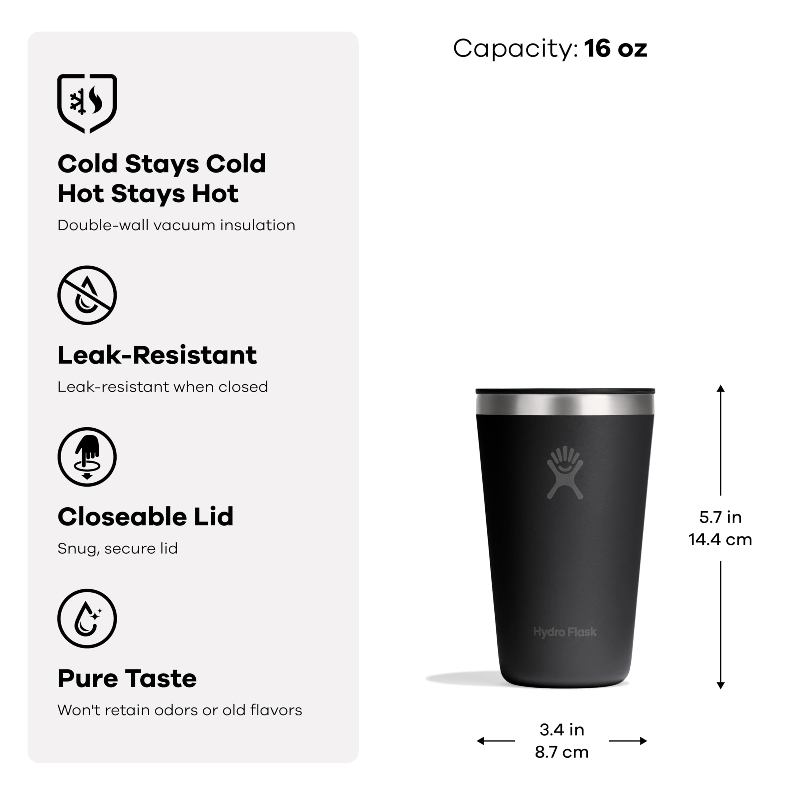 Hydro Flask All Around Tumbler Press-In Lid, Insulated Travel Mug, Stainless Steel Coffee Cup 16 Oz Capri Blue - Image 3