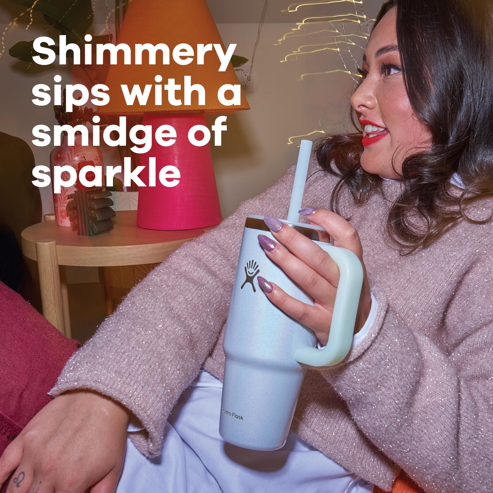 Hydro Flask Travel Tumbler with Handle, Lid and Straw - Insulated Stainless Steel in 40 Oz Glimmer Pink - Image 4