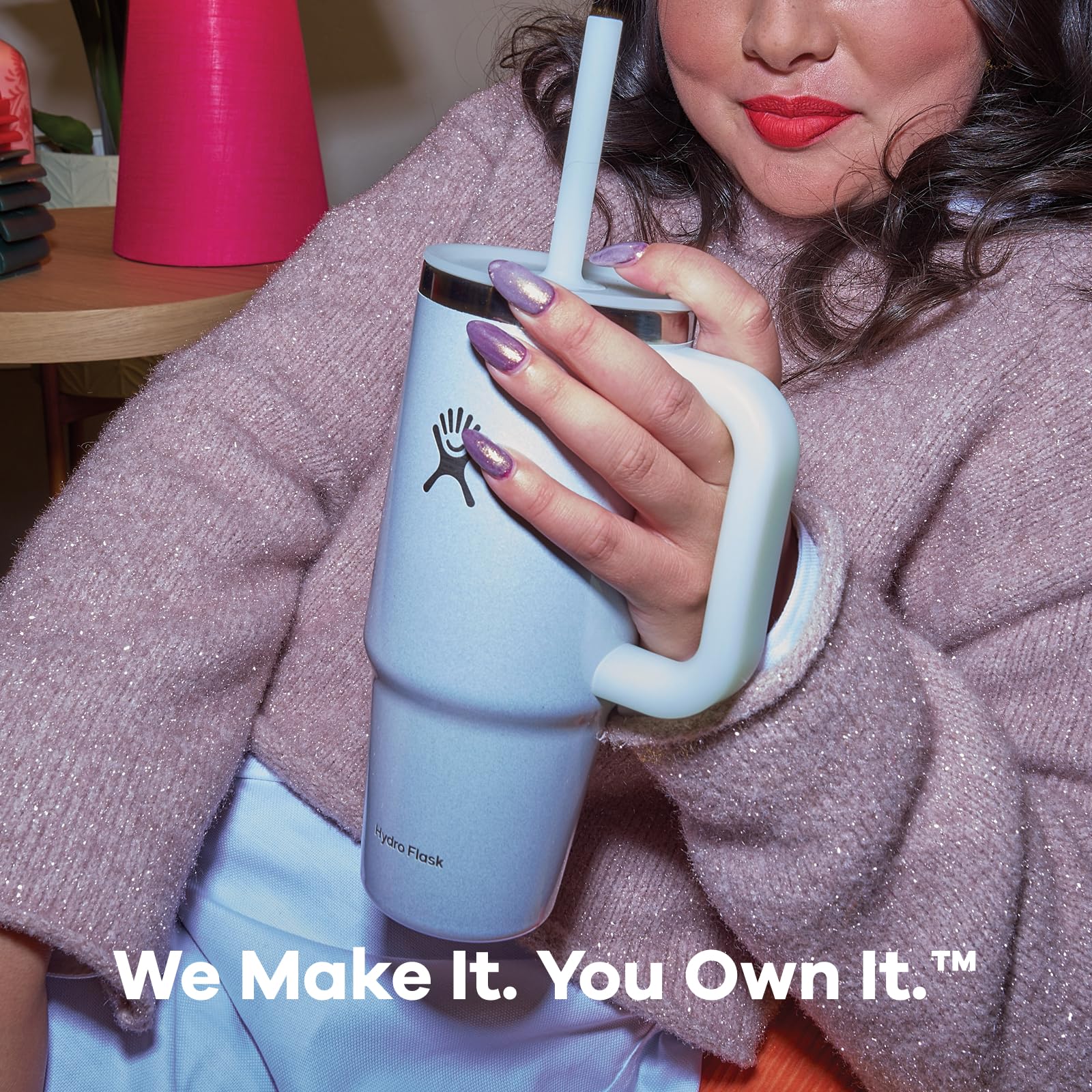 Hydro Flask Travel Tumbler with Handle, Lid and Straw - Insulated Stainless Steel in 40 Oz Glimmer Pink - Image 8