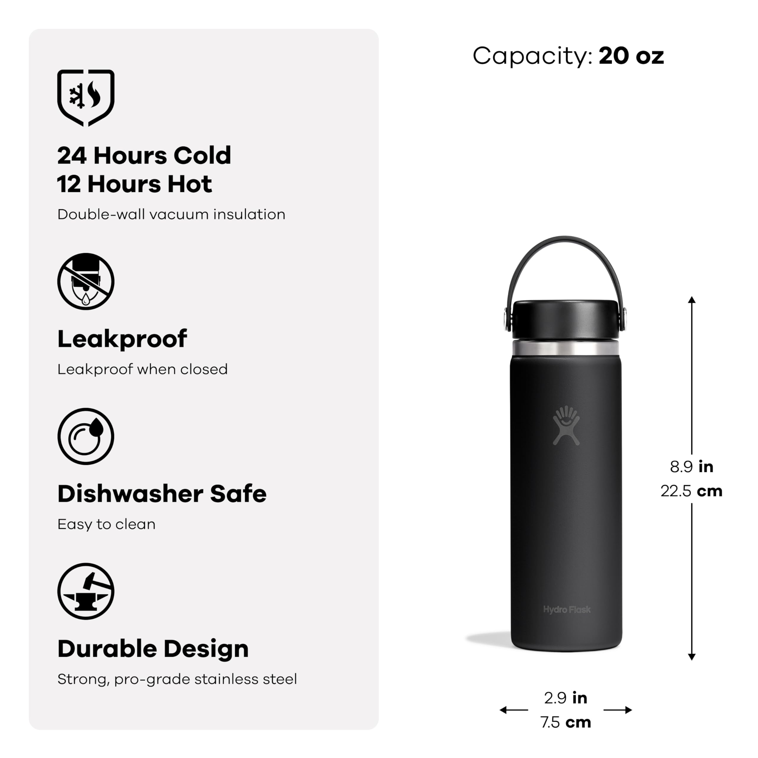 Hydro Flask Water Bottle - Insulated Stainless Steel - Wide Mouth Flex Lid, Non Spill, Leakproof and Refillable in 20 Oz Capri Blue - Image 3
